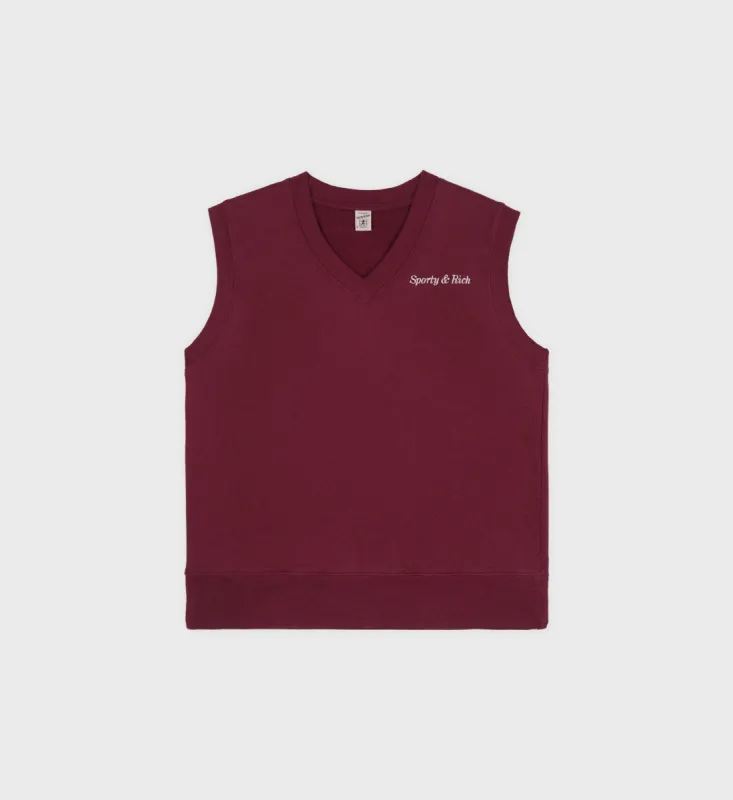 Classic Logo Embroidered V-Neck Vest - Merlot/White sold by Sporty and Rich