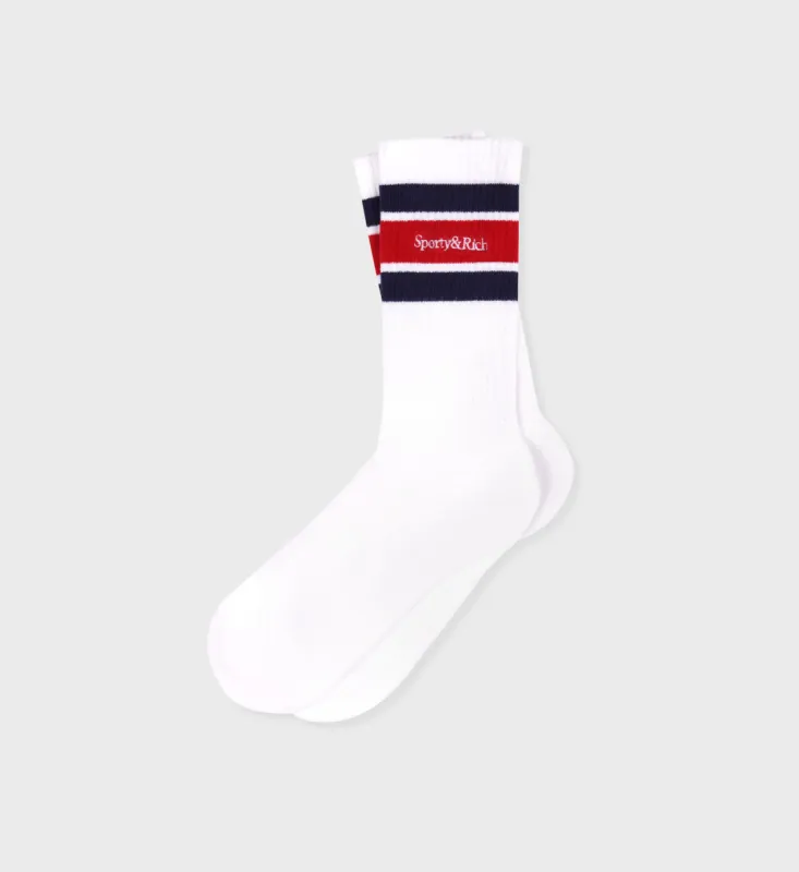 Serif Logo Striped Socks - White/Navy/Sports Red sold by Sporty and Rich