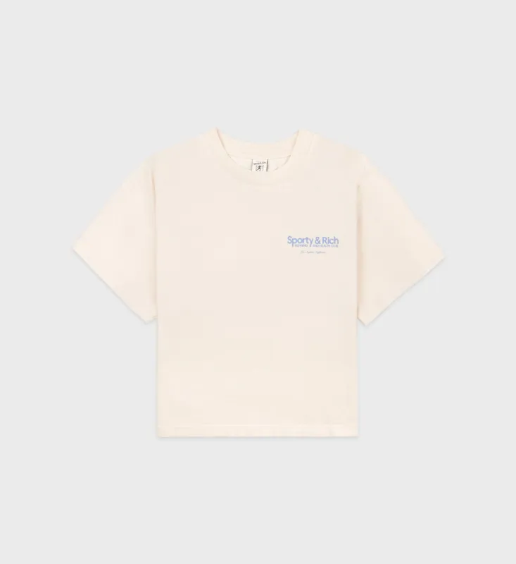 Club Logo Cropped Tee - Cream/Sky Blue sold by Sporty and Rich