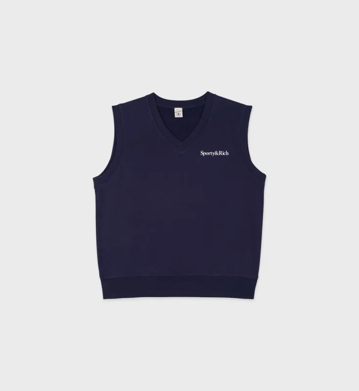 Serif Logo V-Neck Vest - Navy/White sold by Sporty and Rich