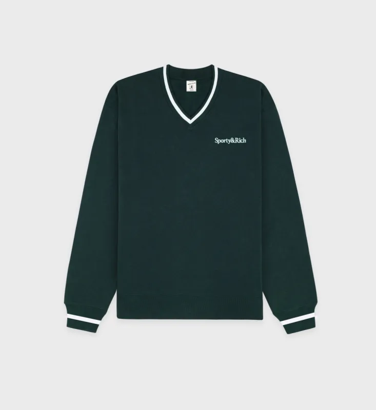 Serif Logo Embroidered V-Neck - Forest/White sold by Sporty and Rich