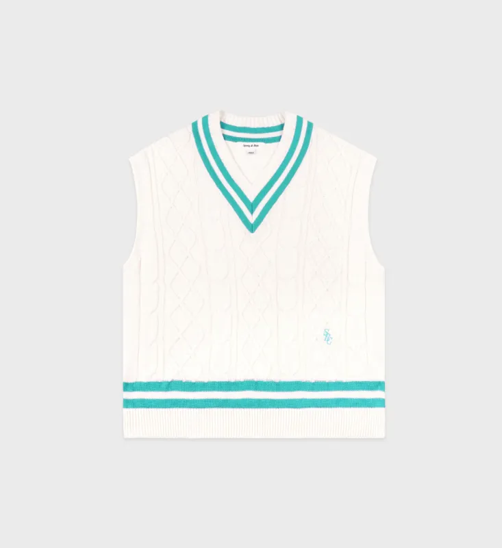 SRC Cableknit Vest - Off White/Caribbean sold by Sporty and Rich