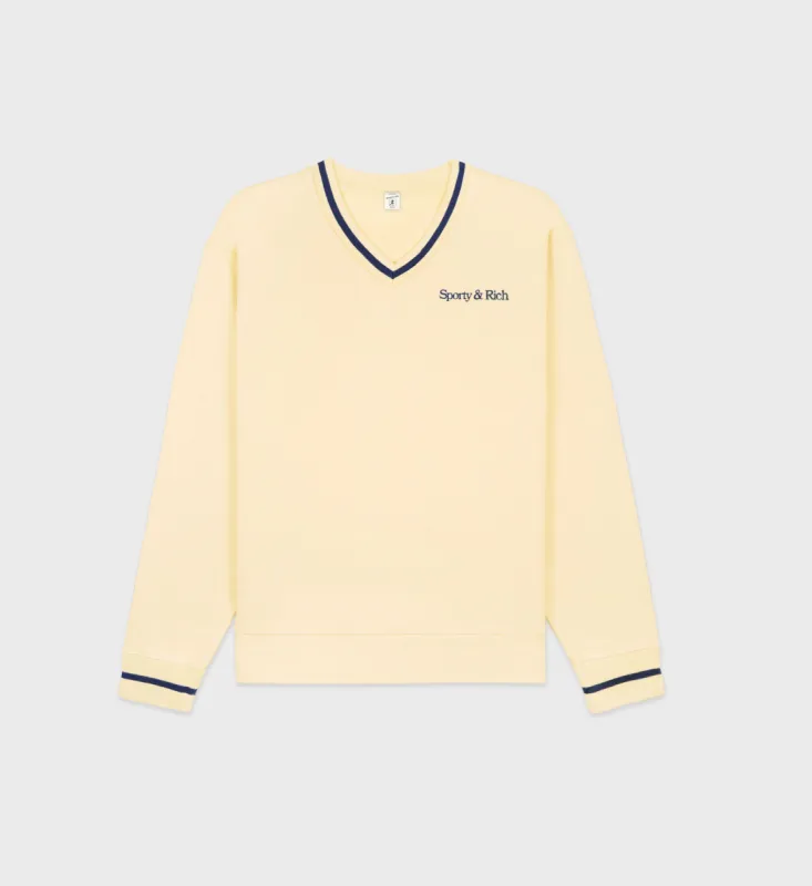 New Serif V-Neck Sweatshirt - Almond/Navy sold by Sporty and Rich