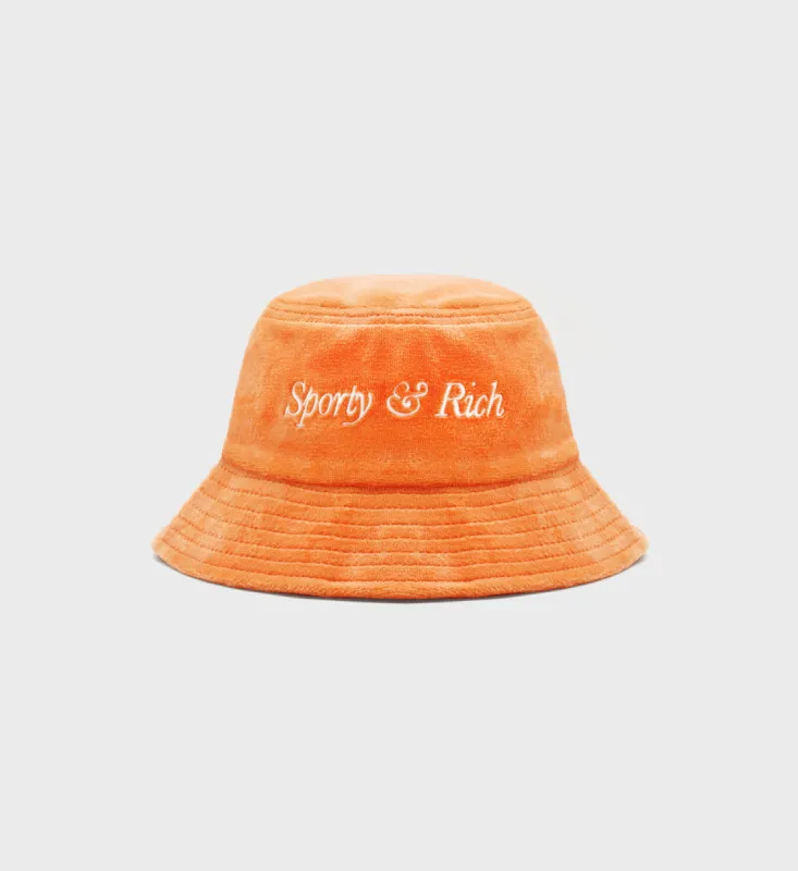 Italic Logo Embroidered Velour Bucket Hat - Peach/White sold by Sporty and Rich