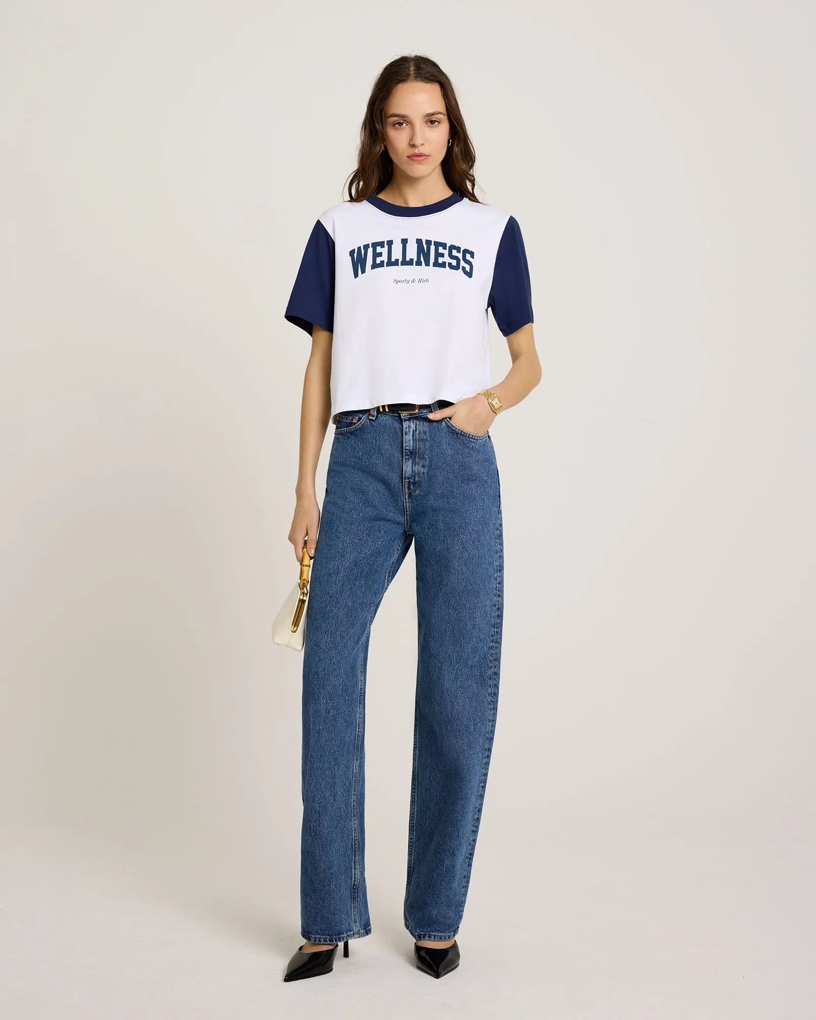 Wellness Ivy Color Block Cropped Tee - White/Navy sold by Sporty and Rich product image thumbnail 3