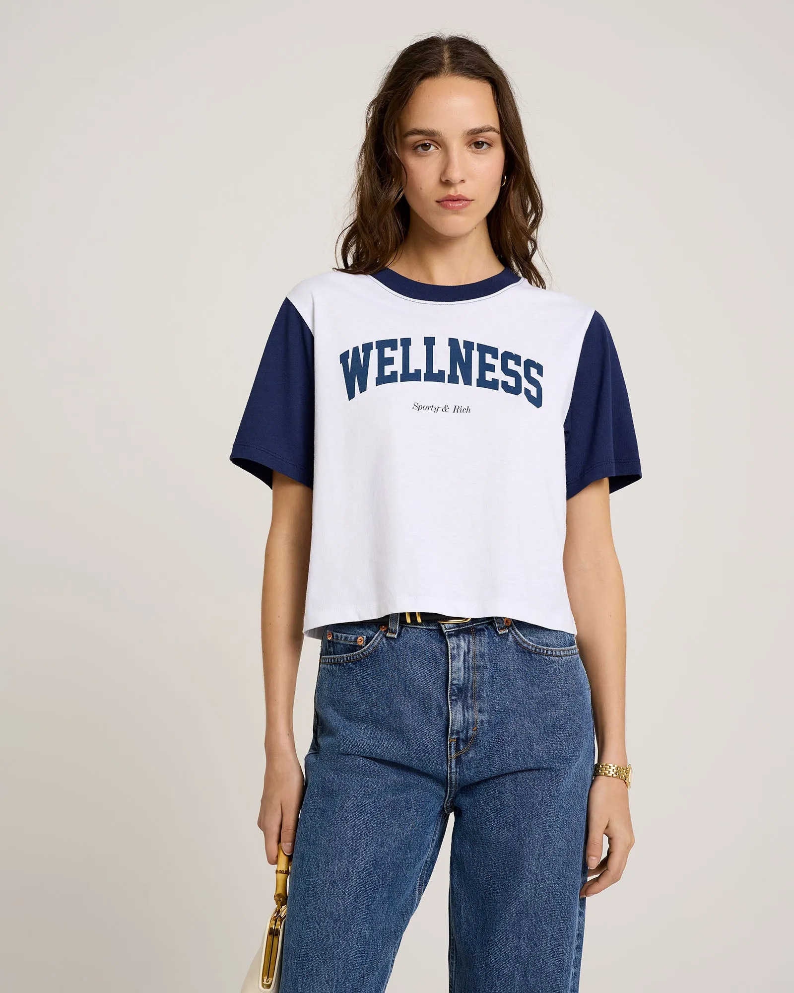 Wellness Ivy Color Block Cropped Tee - White/Navy sold by Sporty and Rich product image thumbnail 4