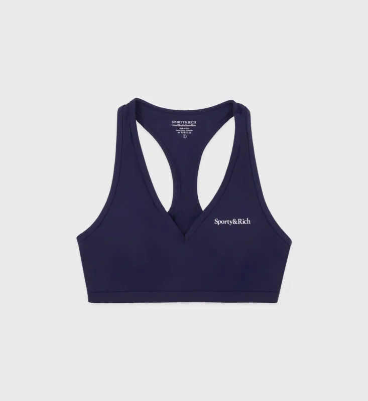 Serif Logo V-Neck Sports Bra - Navy/White sold by Sporty and Rich