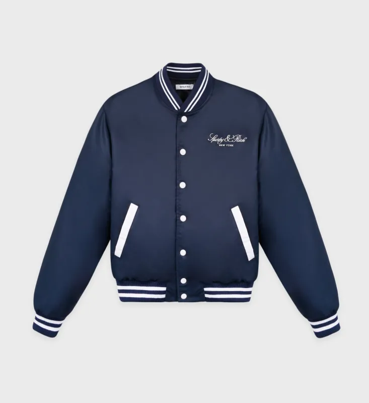 Wellness Boucle Varsity Jacket - Navy/White sold by Sporty and Rich