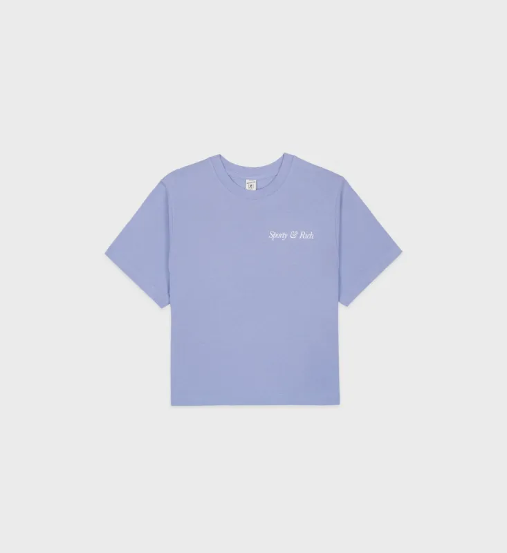 Italic Logo Cropped T-Shirt - Periwinkle/White sold by Sporty and Rich