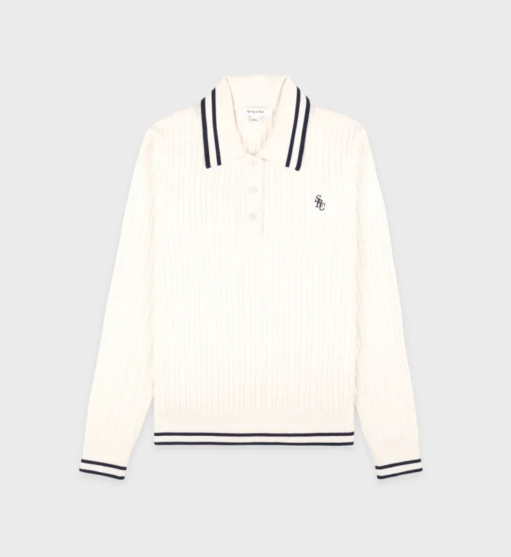 SRC Cableknit Polo - Cream/Navy sold by Sporty and Rich