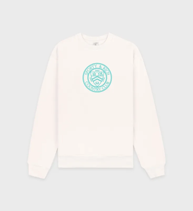 Paris Country Club Crewneck - Coconut/Caribbean sold by Sporty and Rich