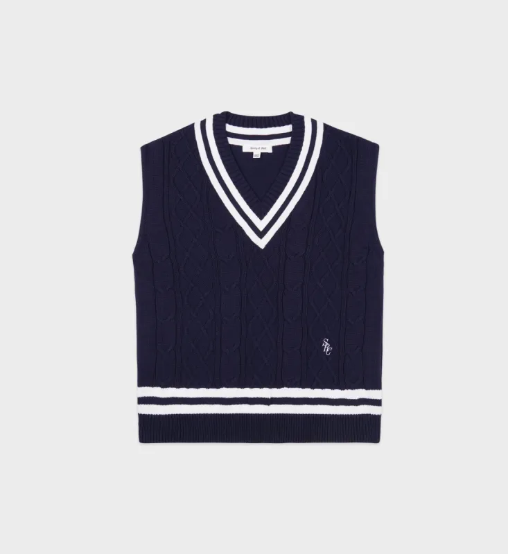 SRC Cableknit Vest - Navy/White sold by Sporty and Rich
