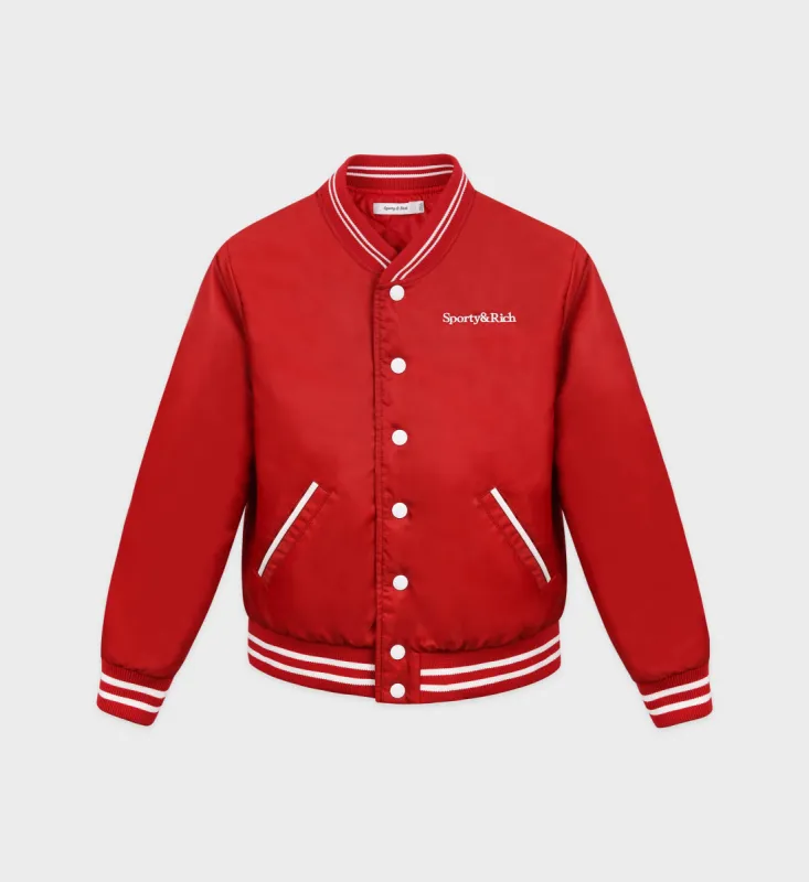 Wellness Club Varsity Jacket - Ruby/White sold by Sporty and Rich