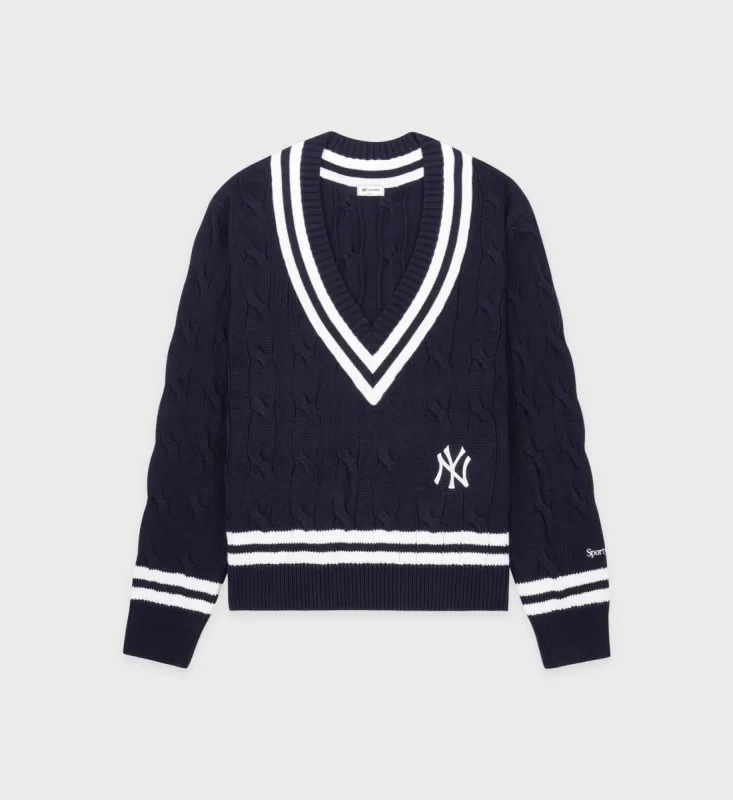 Yankees Serif Cableknit Sweater - Navy/White sold by Sporty and Rich