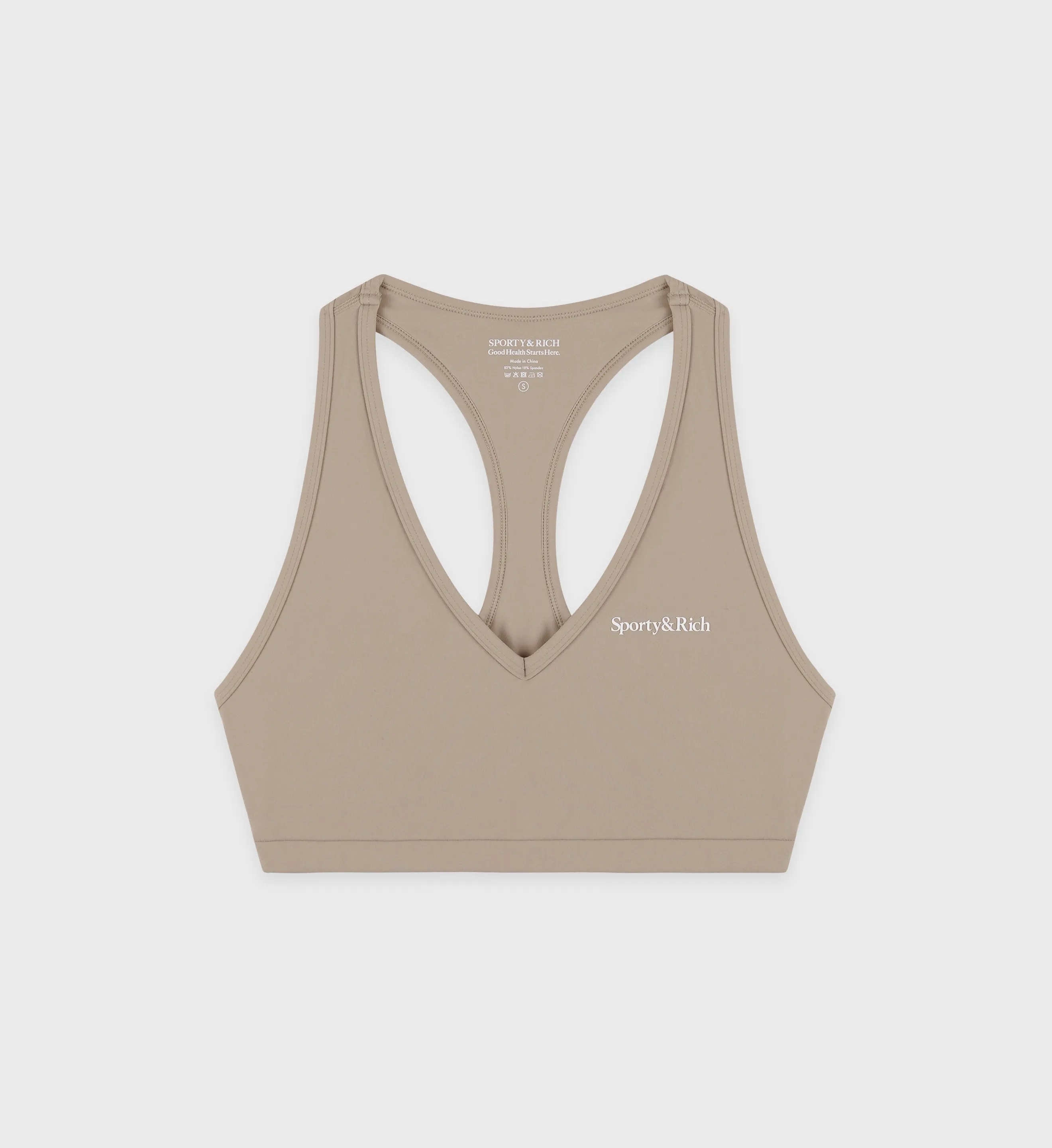 Serif Logo V Neck Sports Bra - Elephant/White sold by Sporty and Rich