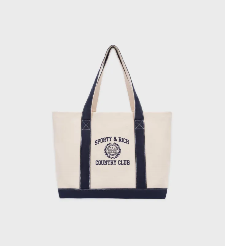 Varsity Crest Tote Bag - Natural/Navy sold by Sporty and Rich