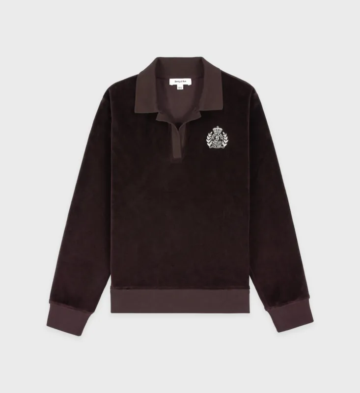 NY Crest Longsleeve Velour Polo - Chocolate/Cream sold by Sporty and Rich