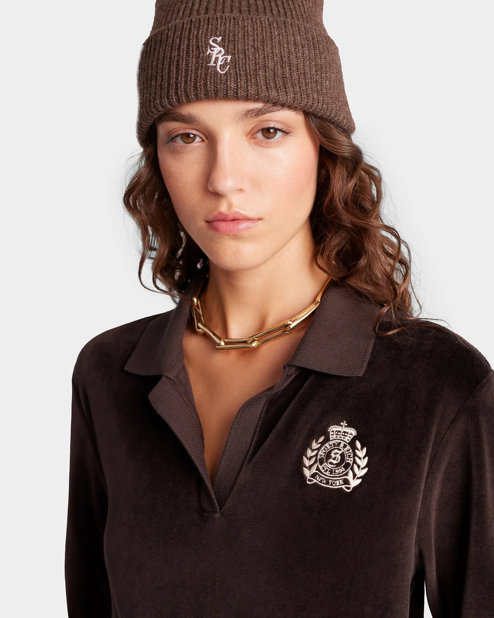 NY Crest Longsleeve Velour Polo - Chocolate/Cream sold by Sporty and Rich product image thumbnail 5