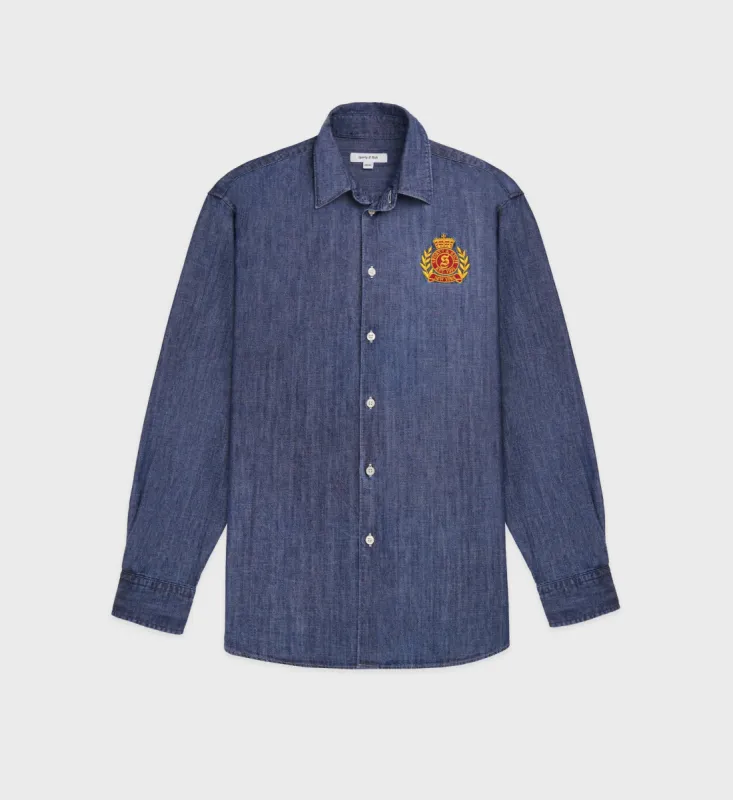 NY Crest Oversized Denim Shirt - Blue Denim sold by Sporty and Rich