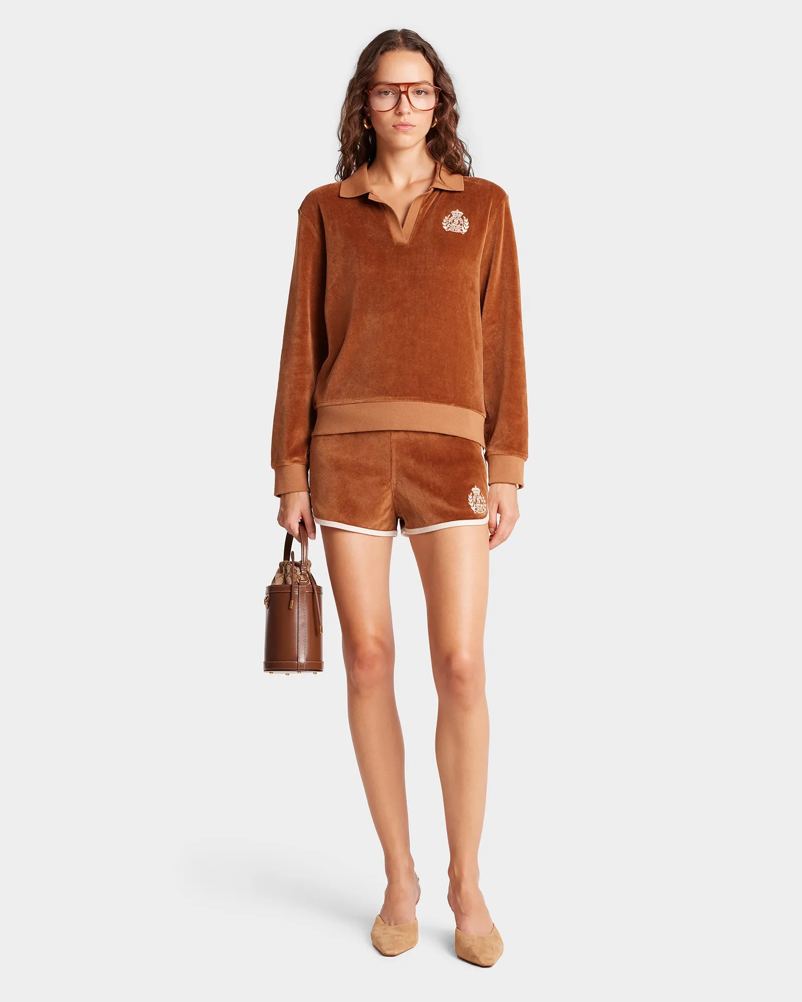 NY Crest Longsleeve Velour Polo - Tobacco/Cream sold by Sporty and Rich product image thumbnail 2