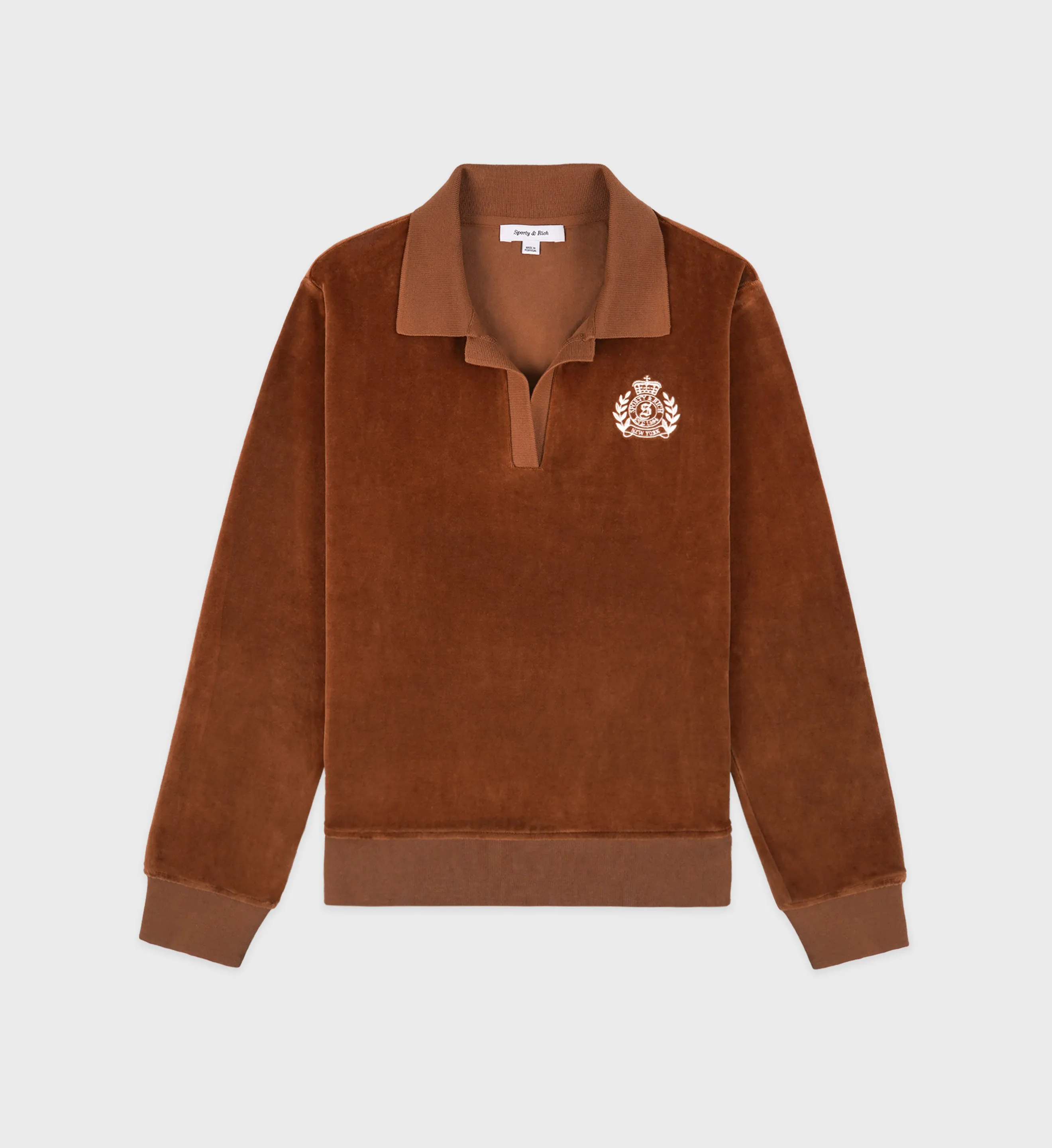 NY Crest Longsleeve Velour Polo - Tobacco/Cream sold by Sporty and Rich