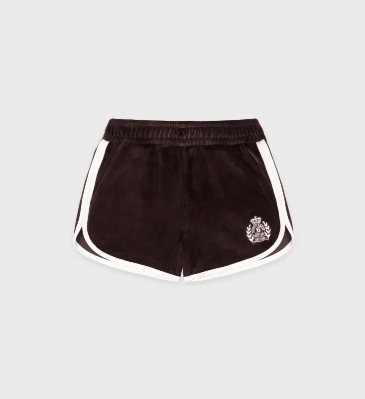 NY Crest Velour Short - Chocolate/Cream sold by Sporty and Rich