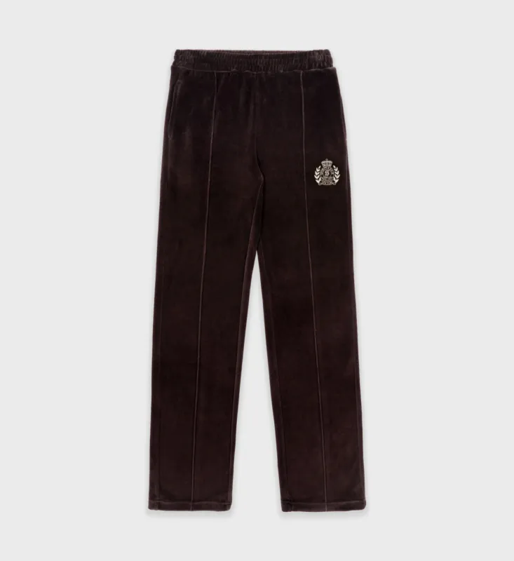 NY Crest Velour Track Pant - Chocolate/Cream sold by Sporty and Rich