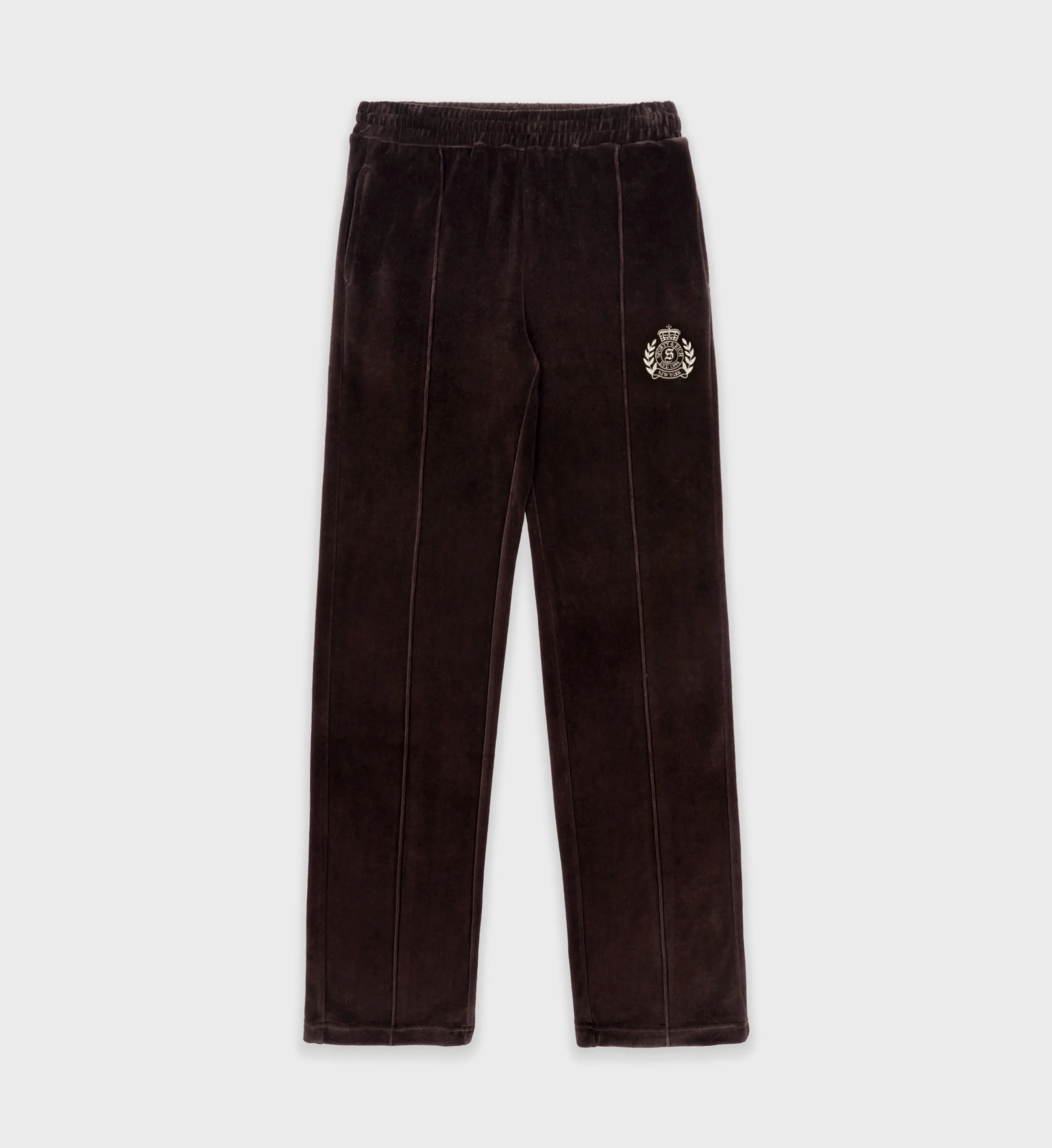 NY Crest Velour Track Pant - Chocolate/Cream sold by Sporty and Rich
