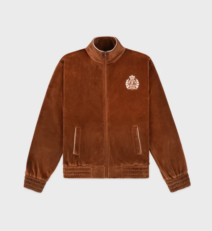 NY Crest Velour Track Jacket - Tobacco/Cream sold by Sporty and Rich