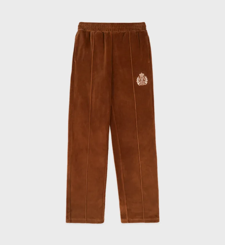 NY Crest Velour Track Pant - Tobacco/Cream sold by Sporty and Rich