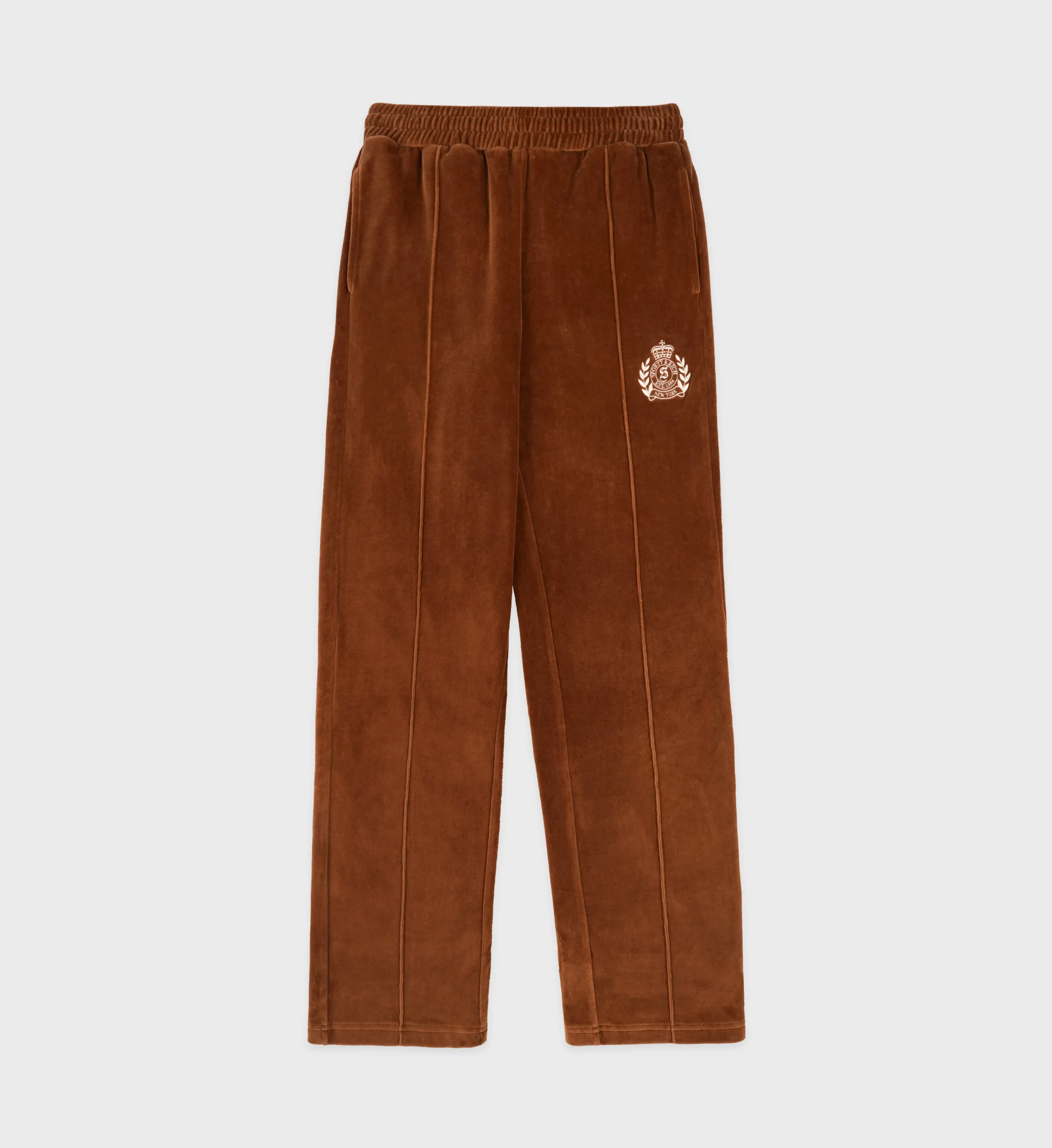 NY Crest Velour Track Pant - Tobacco/Cream sold by Sporty and Rich