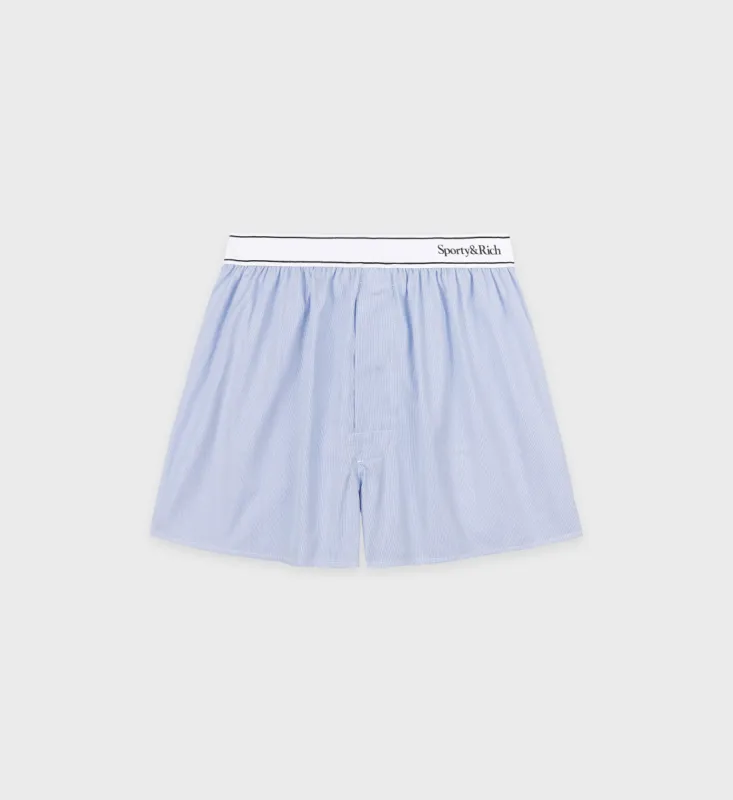 Serif Logo Boxer Short - Blue/White Thin Stripe sold by Sporty and Rich
