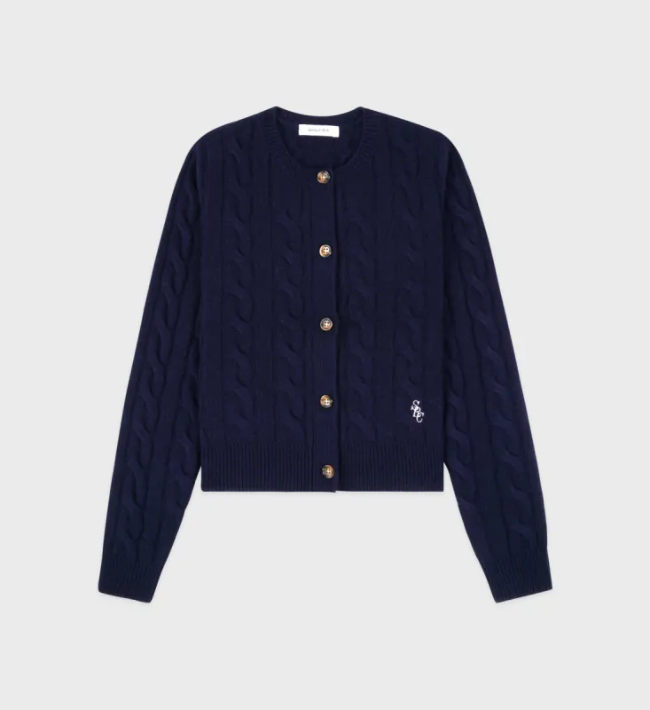 SRC Cableknit Cashmere Cardigan - Navy/White sold by Sporty and Rich