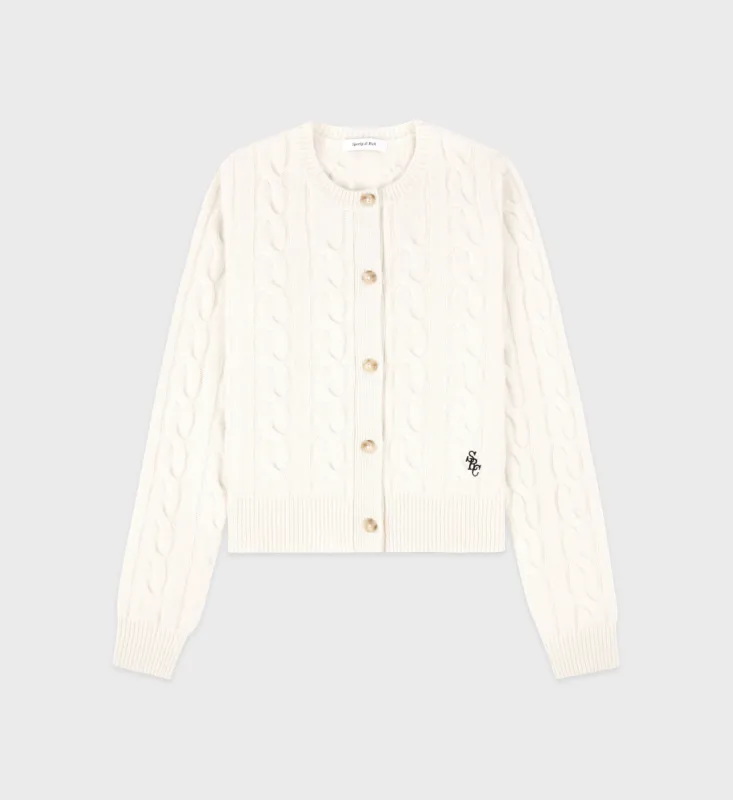 SRC Cableknit Cashmere Cardigan - Cream/Navy sold by Sporty and Rich