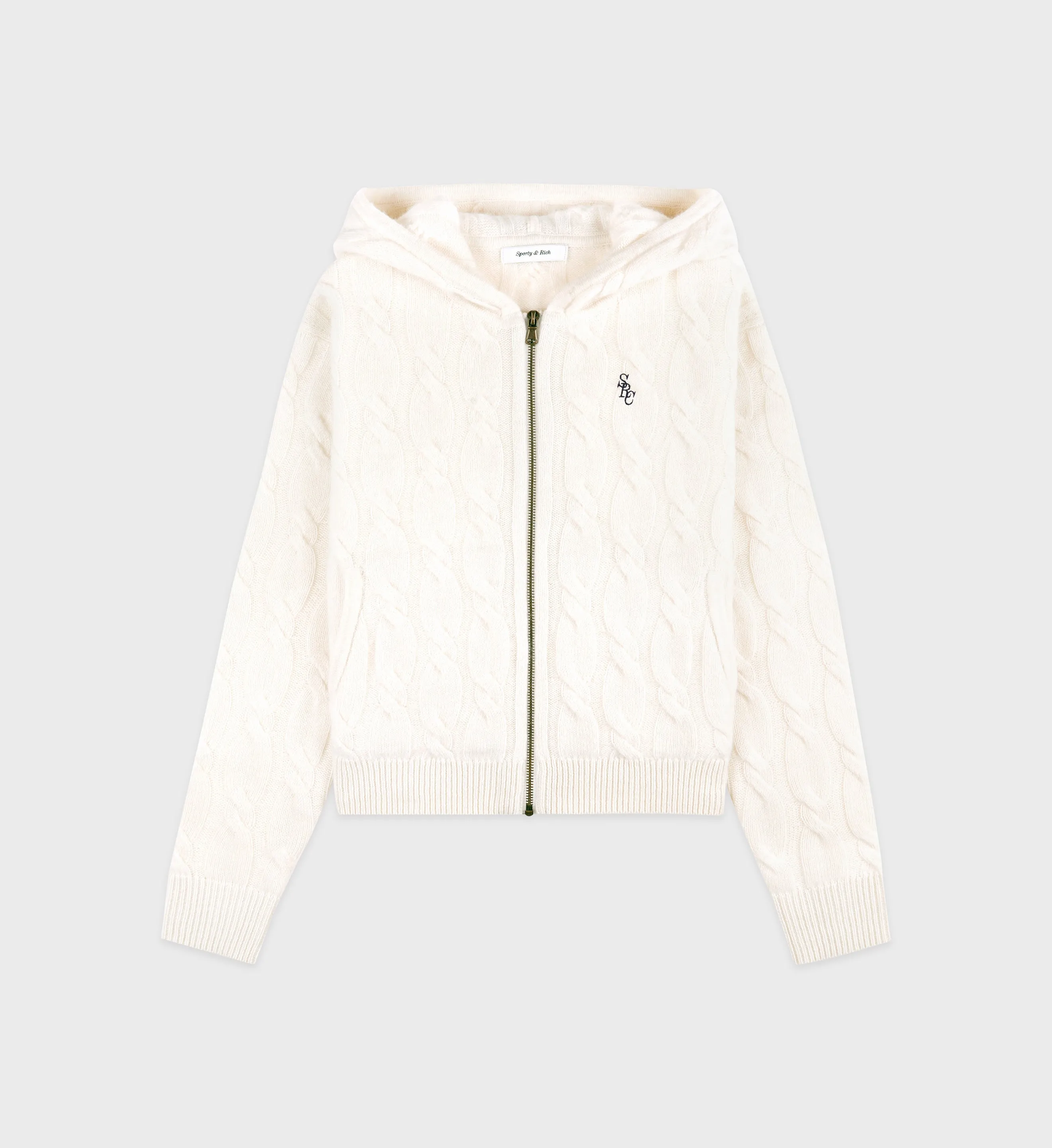 SRC Cableknit Cashmere Zip Hoodie - Cream/Navy sold by Sporty and Rich