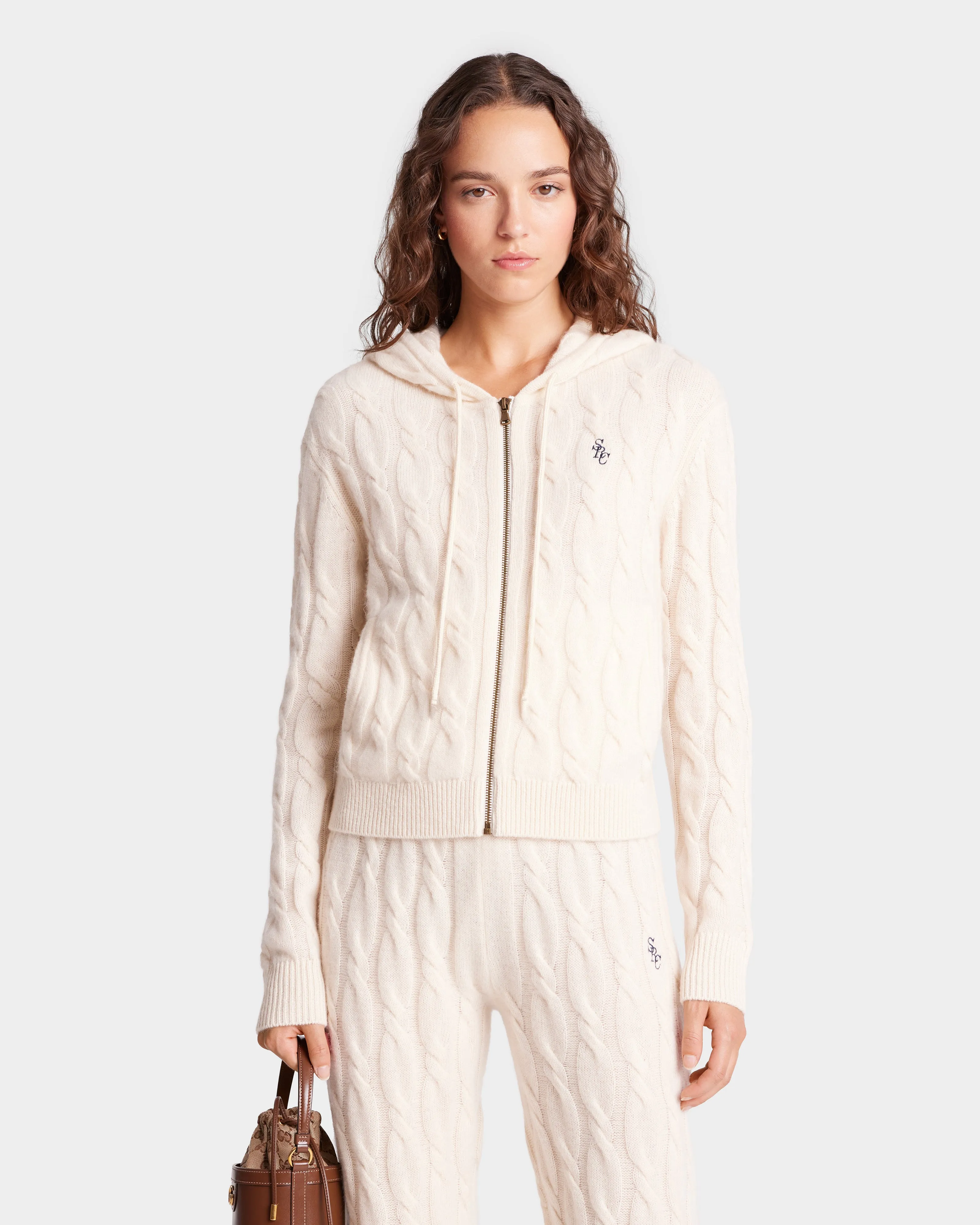 SRC Cableknit Cashmere Zip Hoodie - Cream/Navy sold by Sporty and Rich product image thumbnail 3