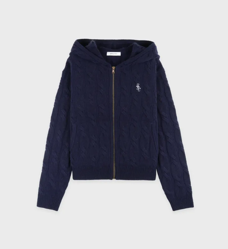 SRC Cableknit Cashmere Zip hoodie - Navy/White sold by Sporty and Rich