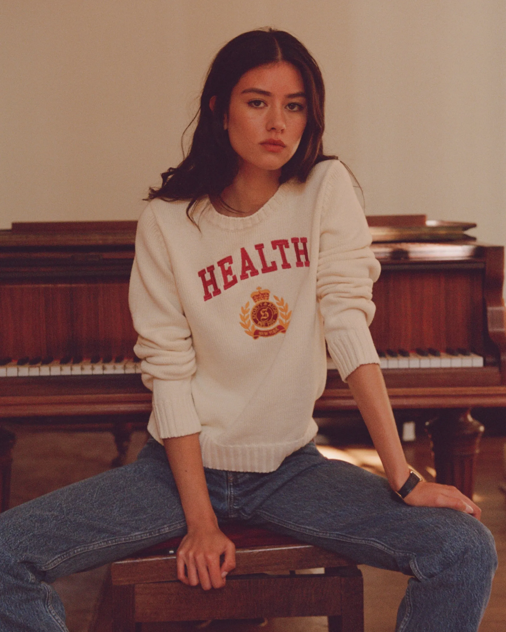 NY Health Crest Knitted Sweater - Cream/Merlot/Gold sold by Sporty and Rich product image thumbnail 2