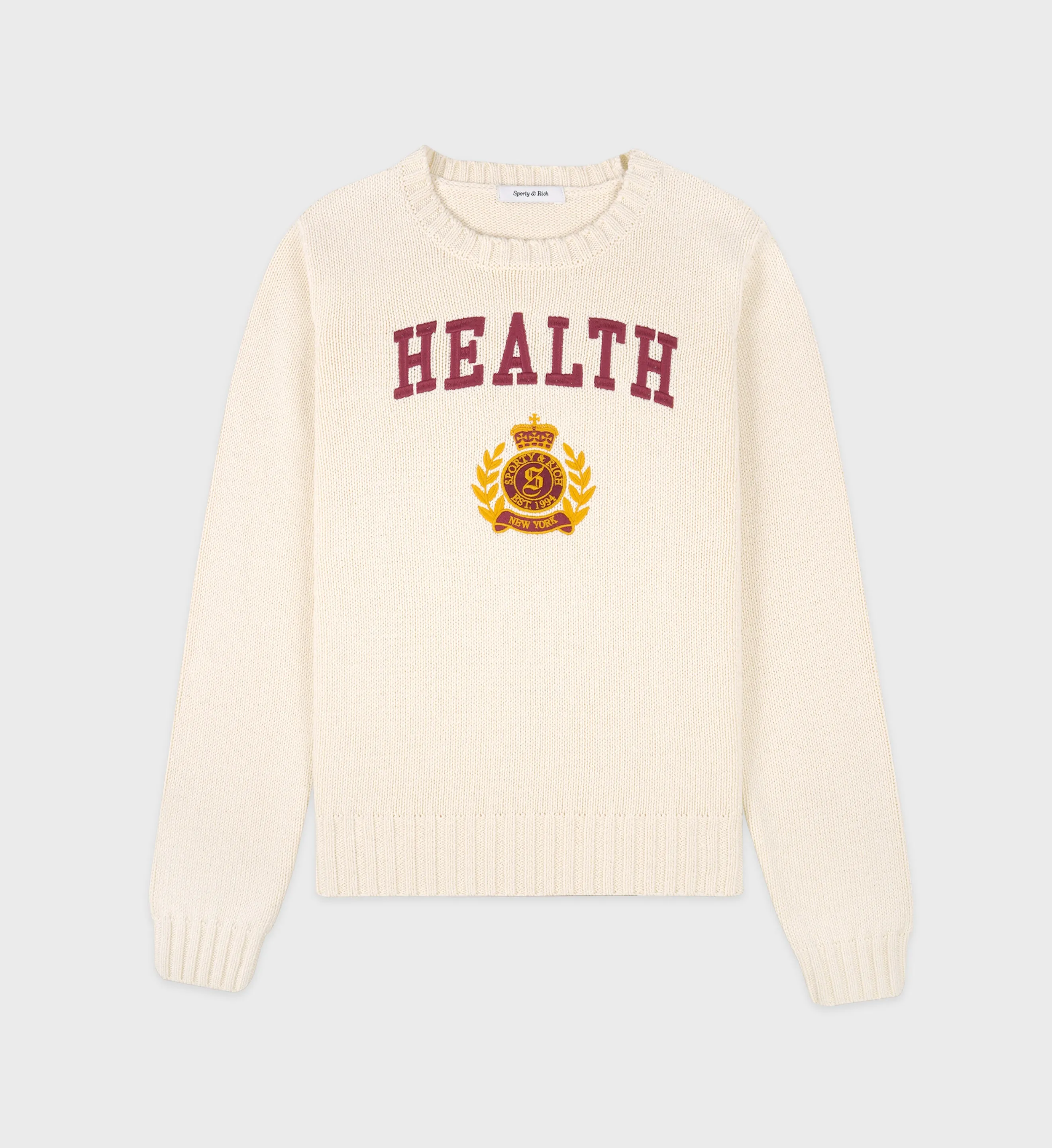NY Health Crest Knitted Sweater - Cream/Merlot/Gold sold by Sporty and Rich