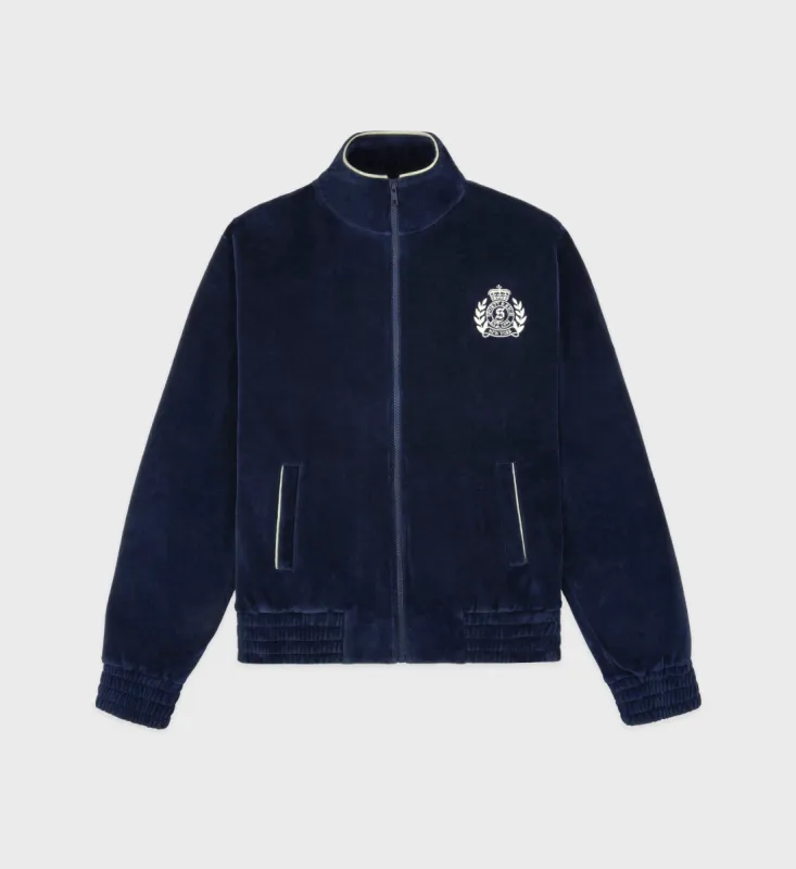 NY Crest Velour Track Jacket - Navy/Cream sold by Sporty and Rich