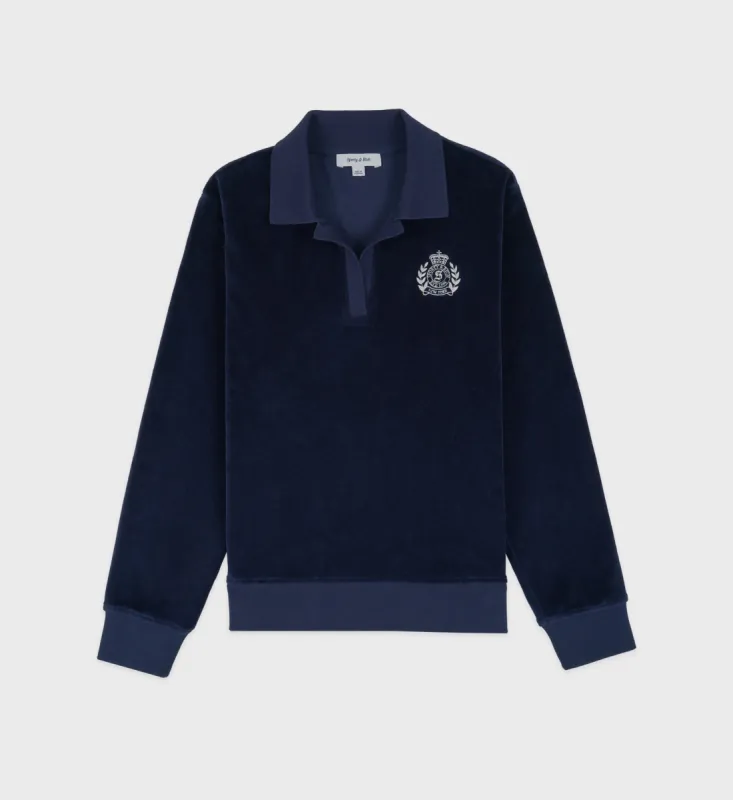 NY Crest Longsleeve Velour Polo - Navy/Cream sold by Sporty and Rich