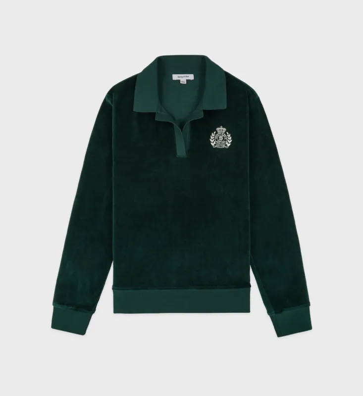 NY Crest Longsleeve Velour Polo - Forest/Cream sold by Sporty and Rich