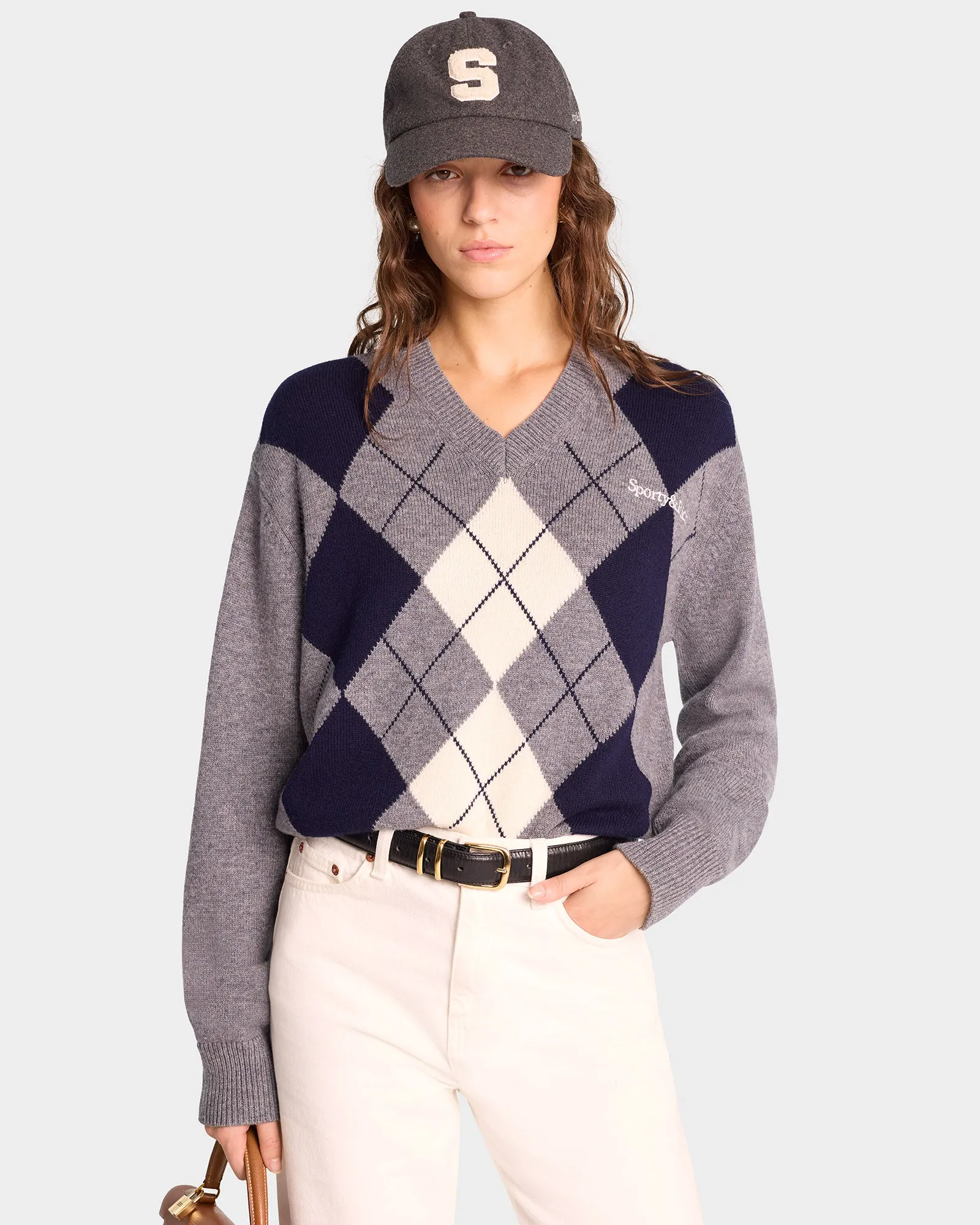 Serif Logo Argyle Sweater - Gray/Navy sold by Sporty and Rich product image thumbnail 3