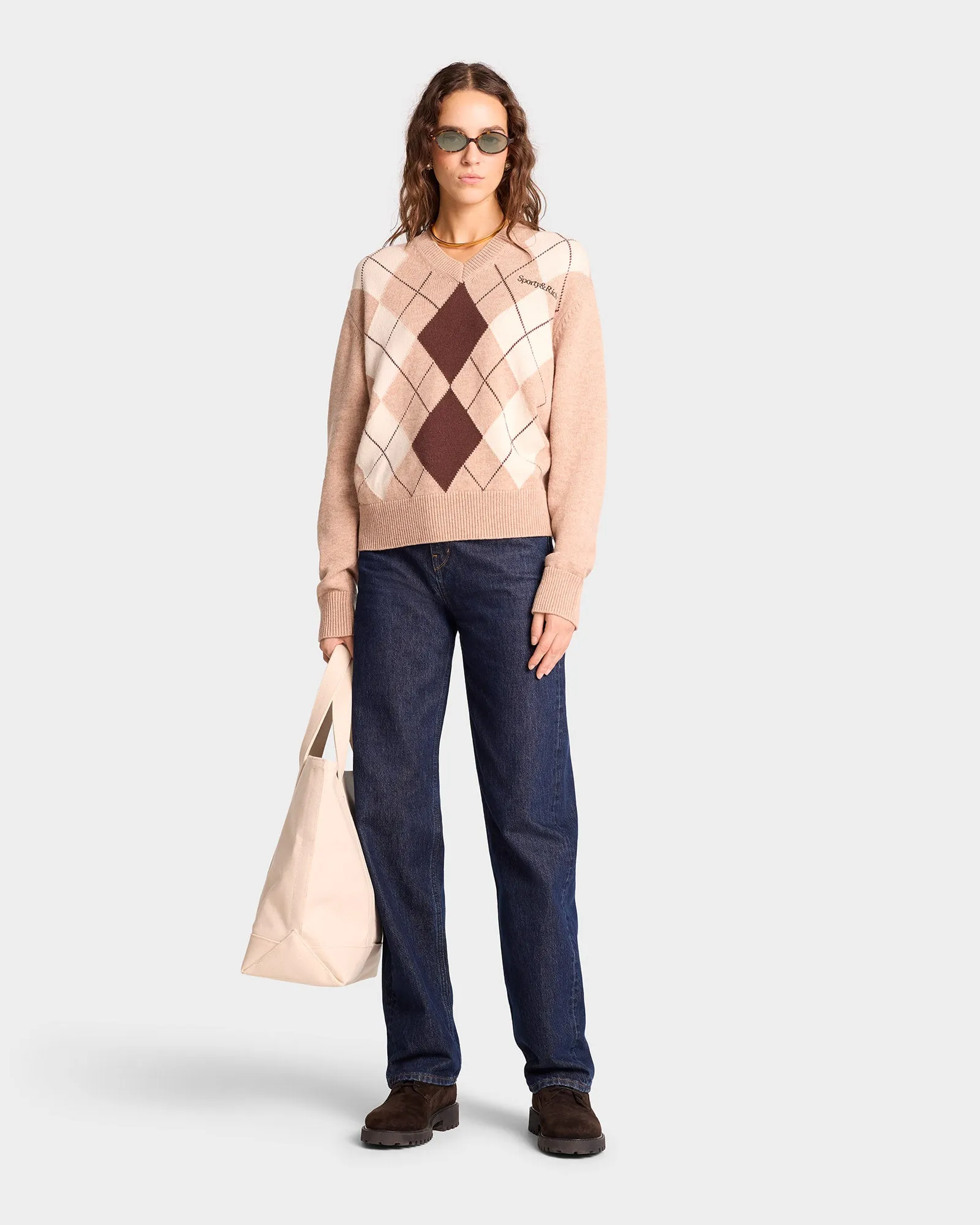 Serif Logo Argyle Sweater - Cream/Chocolate sold by Sporty and Rich product image thumbnail 4