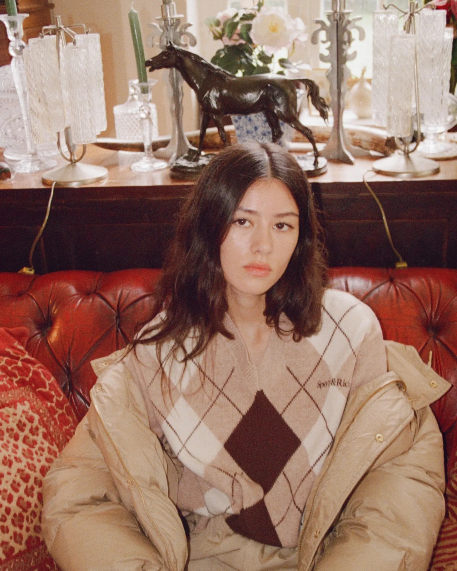 Serif Logo Argyle Sweater - Cream/Chocolate sold by Sporty and Rich product image thumbnail 2