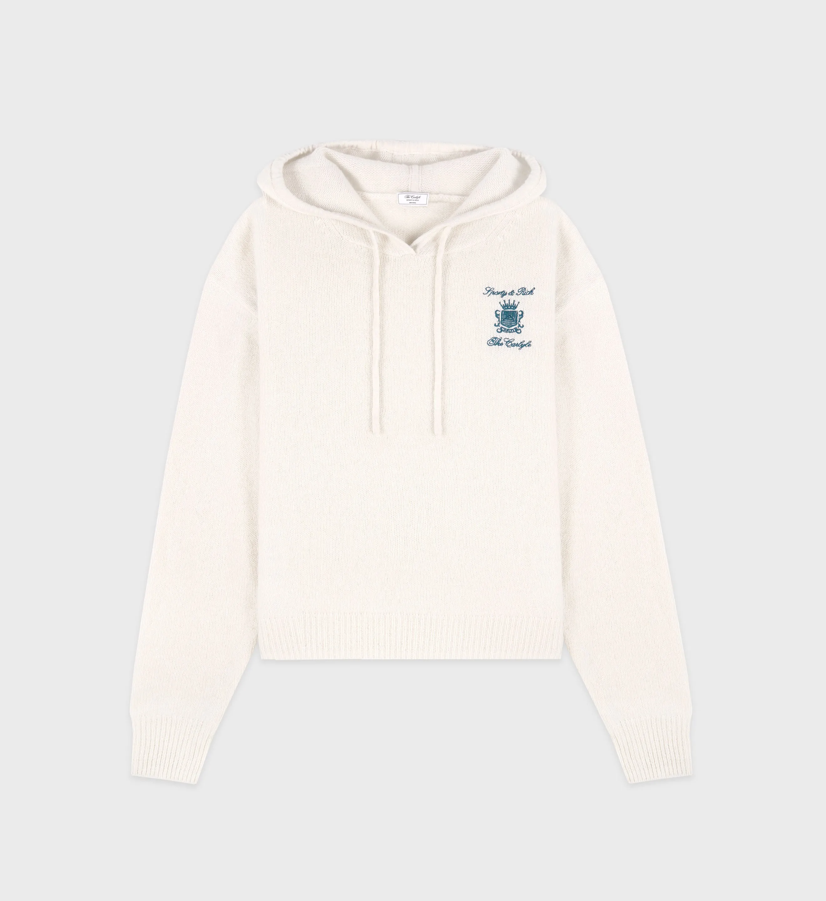 The Carlyle Crest Cashmere Hoodie - Cream/Forest sold by Sporty and Rich