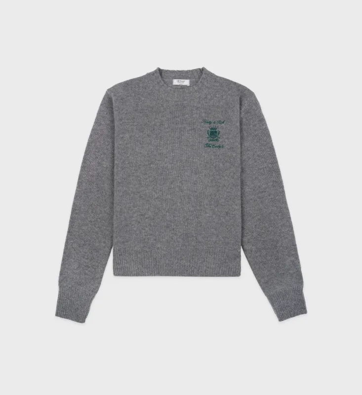 The Carlyle Crest Cashmere Crewneck - Heather Gray/Forest sold by Sporty and Rich