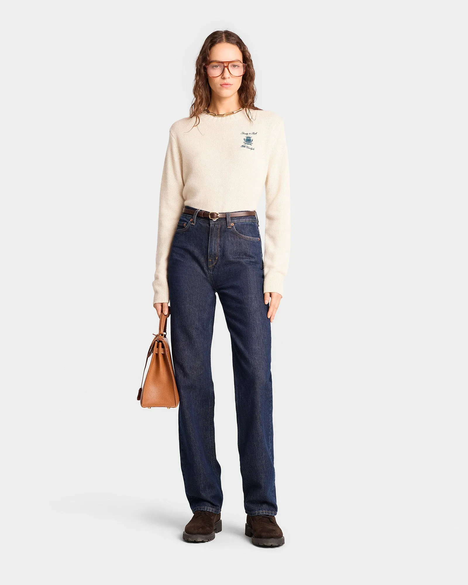 The Carlyle Crest Cashmere Crewneck - Cream/Forest sold by Sporty and Rich product image thumbnail 3