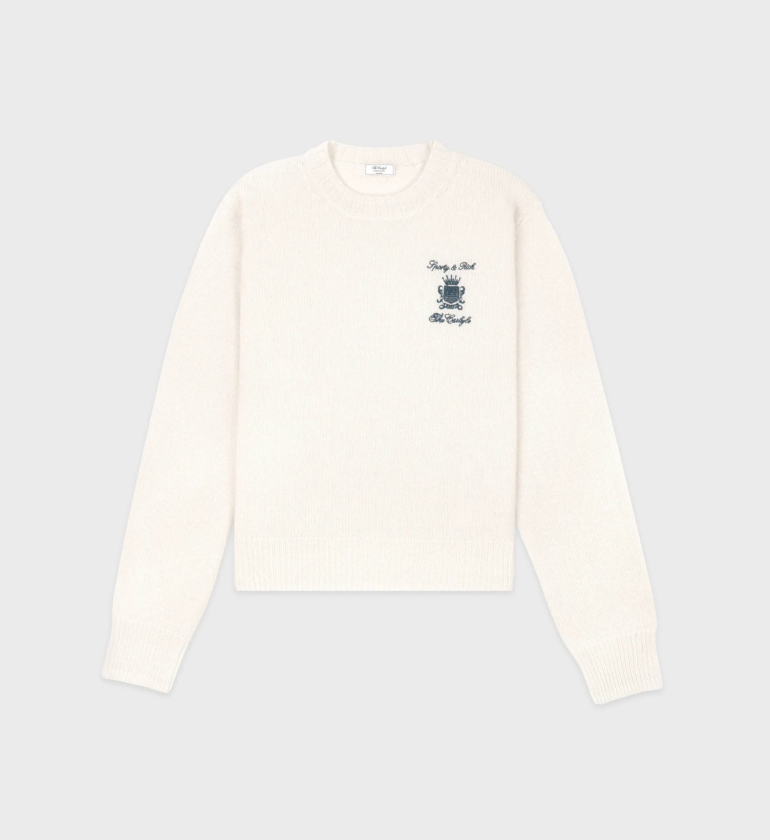 The Carlyle Crest Cashmere Crewneck - Cream/Forest sold by Sporty and Rich