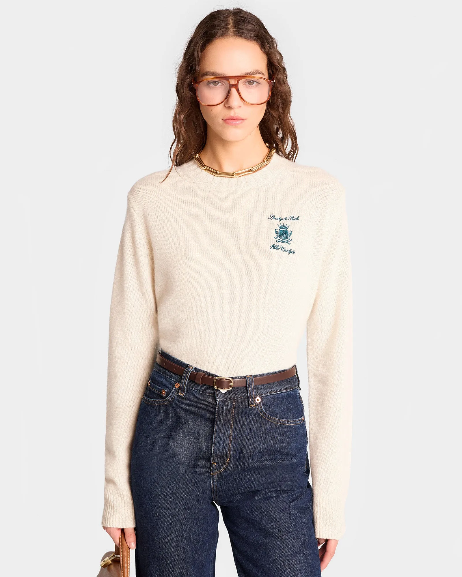 The Carlyle Crest Cashmere Crewneck - Cream/Forest sold by Sporty and Rich product image thumbnail 4